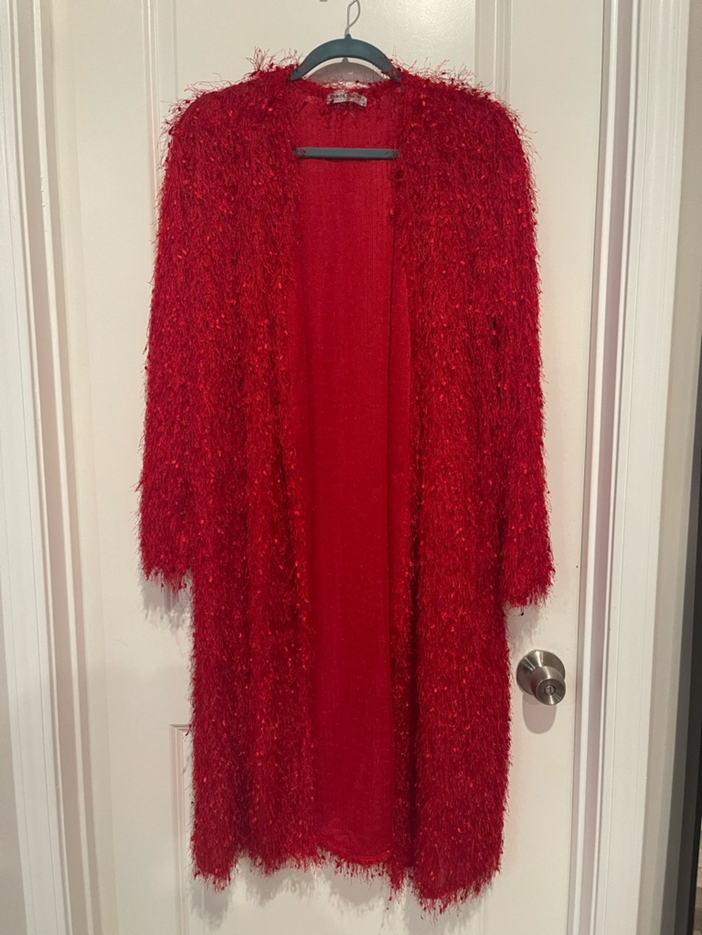 Shaggy Long Red Fuzzy Open Cardigan